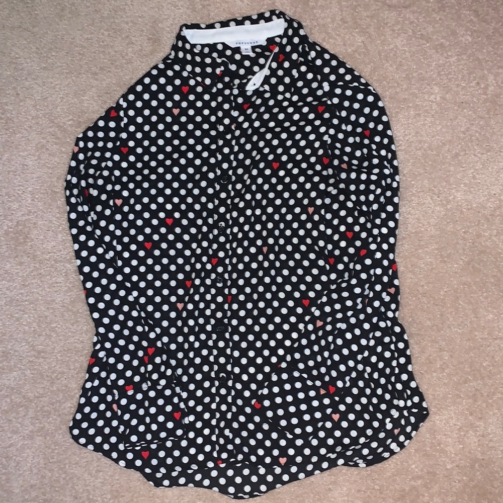 Pop sugar Polka dot with hearts Button down Blouse